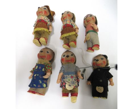 Group of six 1930s Steiff clockwork hedgehogs, including chimney sweep etc.