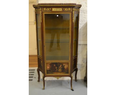 19th Century French mahogany and ormolu mounted vitrine, the glazed panel door with inset painted panel in Vernis Martin styl