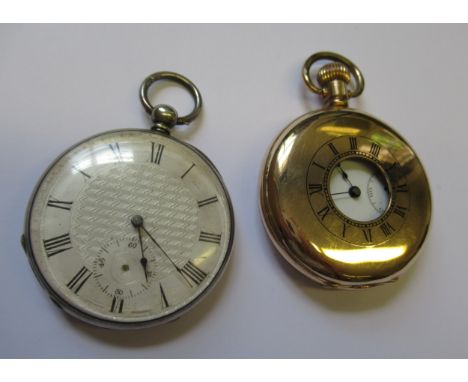 Gold plated half hunter pocket watch with keyless Swiss movement in a Dennison case, together with a white metal cased keywin