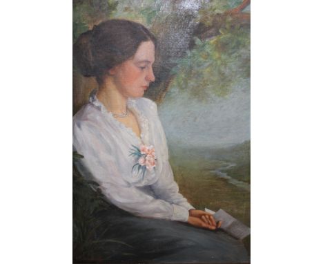 J. Howell Baker, signed oil on canvas, portrait of a young lady seated in a landscape, 68 x 51cm
