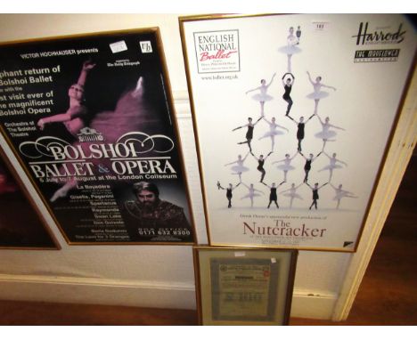 Three various framed ballet poster prints, another poster print and a framed Russian share certificate
