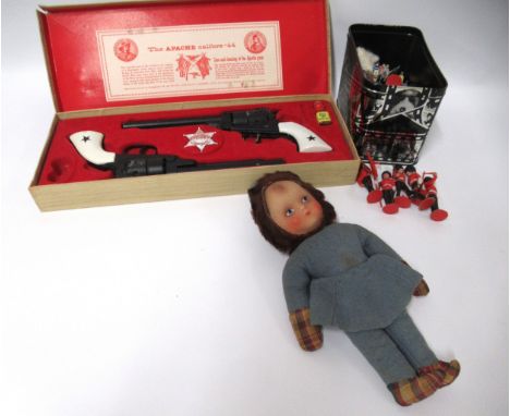 B.C.M. Company toy outlaw gun in original box, together with a quantity of Gemodel soldiers, Subbuteo players and a small fel