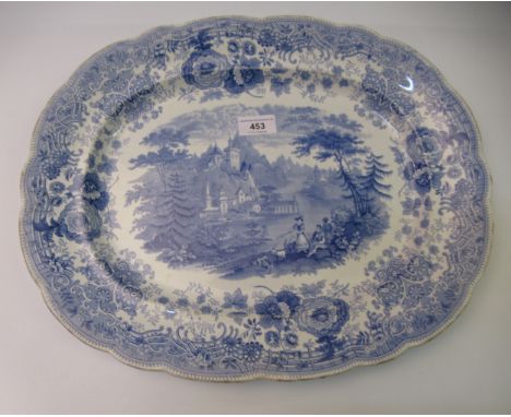 19th Century blue and white transfer printed meat dish by William Ridgway &amp; Co. decorated with the Tyrolean pattern, 43cm