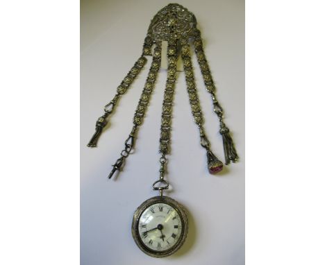 18th Century silver pair cased verge watch, the repousse outer enclosing a plain inner case, the enamel dial with Arabic and 