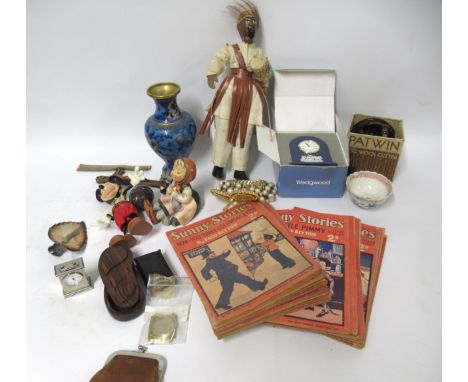 Small cloisonne vase, small Wedgwood Jasperware table clock and miscellaneous items