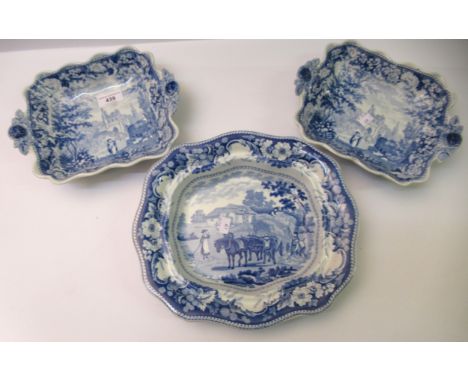 Pair of 19th Century English blue and white transfer printed dessert dishes decorated with Antique scenery pattern, 24cm wide
