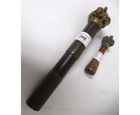 19th Century brass, copper and wooden tipstaff, together with a miniature tipstaffOne pin is missing on the larger tipstaff. 