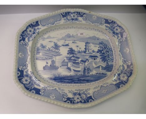 Large early 19th Century blue and white transfer printed meat platter by John and William Ridgway, decorated with the India T