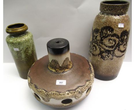 Large West German pottery floor lamp base, together with a tall lamp base and a similar small vase