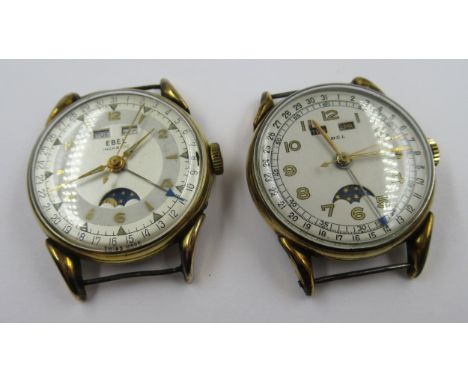 Gentlemans Ebel 1950's gold plated calendar moonphase wristwatch, the silvered dial with Arabic numerals, day and month apert