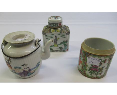 Small Chinese porcelain teapot painted with figures (minus cover), Sampson porcelain teapoy with cover and a Canton porcelain