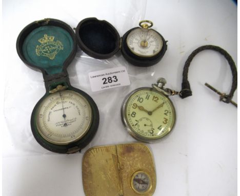 Callaghan & Company gilt brass pocket barometer in a leather case, Barker & Son gilt brass compass in leather case, folding g