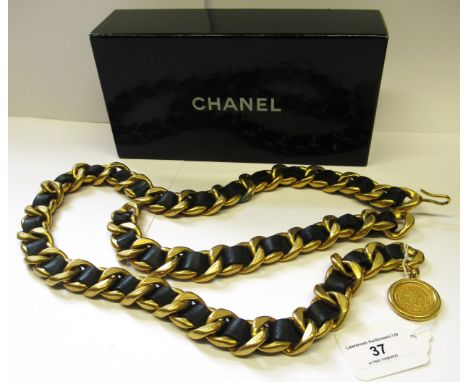 Chanel, 31 Rue Cambon leather and metal chain link belt, 84cm long, in a Chanel boxSlight wear / green discolouring / tarnish