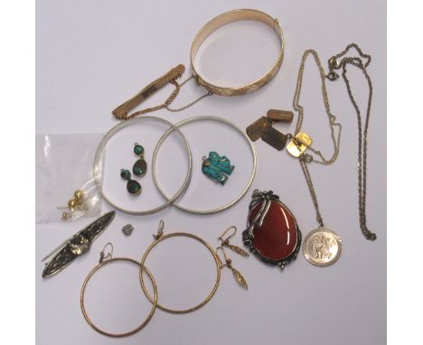 Pair of yellow metal hoop earrings, two other pairs of earrings, gold plated bangle, pair of gold plated cufflinks and tie cl