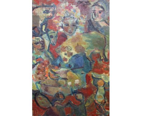 Follower of Marc Chagall, mid 20th Century oil on board, study of figures and animals (oil sketch verso), carved wood frame, 