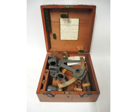 Early 20th Century grey painted metal and brass sextant by H. Hughes, housed in a mahogany case