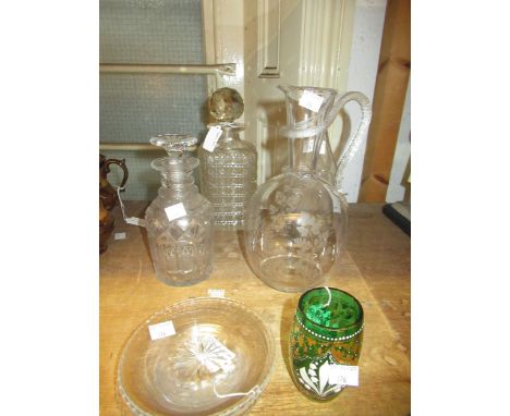 Victorian etched glass wine carafe, similar decanter (lacking stopper), together with another decanter and stopper, an antiqu