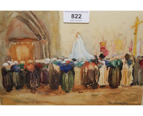 Watercolour, inscribed verso ' Adoration of the Peasant ', signed Claude Hopper, 17 x 24cm, Continental watercolour, classica