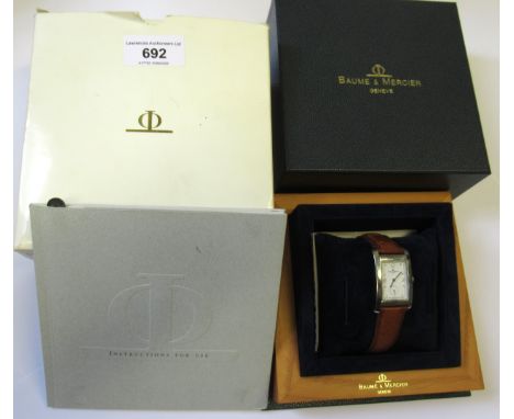 Baume &amp; Mercier rectangular stainless steel cased wristwatch, the white dial with subsidiary seconds having original leat