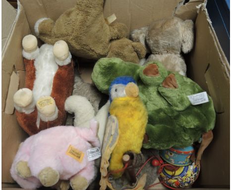 Two boxes containing a large quantity of various soft toys, including a quantity of Merrythought, Ironbridge figures of a par