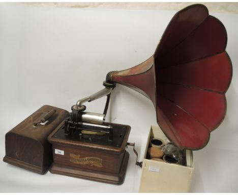 Colombia Graphophone phonograph in an oak case, with original toleware horn and a quantity of cylinders