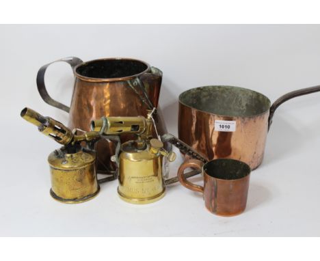 19th Century copper iron handled cooking pan, half pint mug, brass jug, and two brass blow torches
