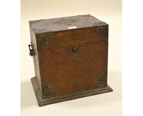 Edwardian oak brass and silver plate mounted box tantalus (at fault)