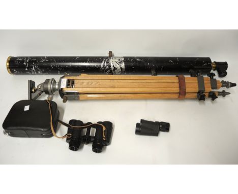 Broadhurst Clarkson and Co. telescope with associated stand, pair of cased Carl Zeiss Jena 8 x 30 binoculars and a Russian mo