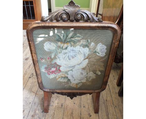 A Mahogany folding cakestand, a swing toilet mirror and a woolwork firescreen