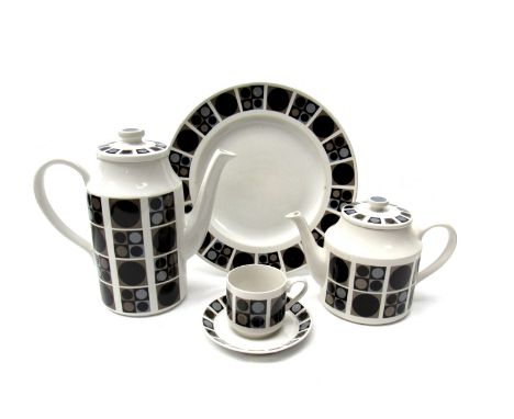 A collection of Midwinter Focus pattern coffee and dinnerwares including coffee pot, six cups and saucers, teapot, milk jug, 