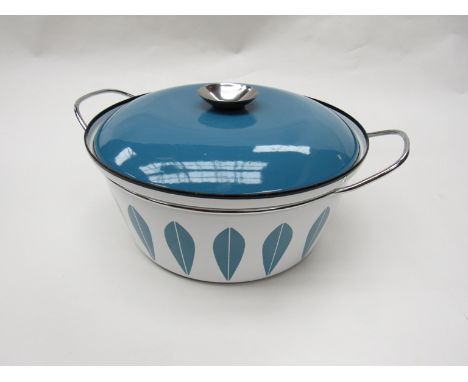 A large vintage Cathrine Holm Norway enamel covered pan, 33cm across handles 