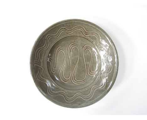 MICHAEL CARDEW (1901-1983) A Wenford Bridge Pottery large shallow bowl, ash glaze with finger wip detail. (Broken section re-
