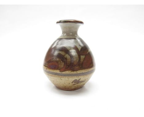 BERNARD LEACH (1887-1979) (ARR) A St Ives Pottery small bud vase, brushed tenmoku detail over blue. Impressed seal with paint