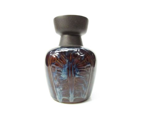 A vintage Danish Soholm strentoj vase designed by Einar Johansen, blue and bown glazed with textrued rim, impressed marks to 