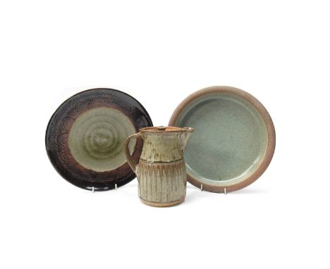 RICHARD BATTERHAM (b. 1936) An early standard ware dish with celadon glazed interior with rare RB seal, 28cm diameter. Togeth