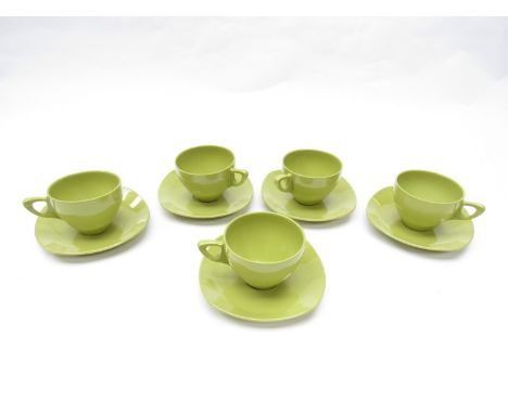 Five Midwinter olive green melamine cups and saucers 