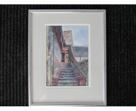 DAVID ROCK (XX) : 'Drainpipe, Handrail, Ditchling'.  Framed and glazed pen and ink drawing.  32cm x 40cm  