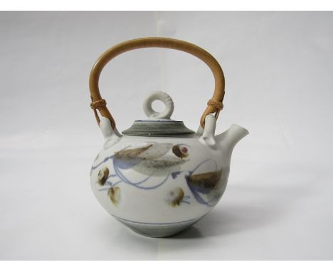 ANDREW HAGUE (b.1948) A studio porcelain teapot, white ground with painted detail. Impressed mark to base. Height to top of c