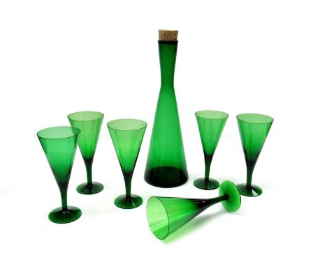 A Holmegaard vintage 'Winston' range green glass decanter and six glasses designed by Per Lutken 