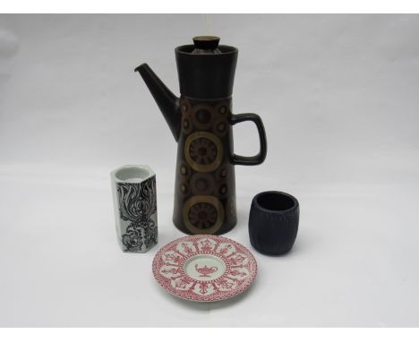 A Denby Arabesque coffee pot, Denmark Aladdin dish and Danish candlestick and Swedish 'Rubus' pot (4) 