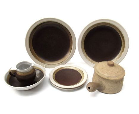 MARIANNE DE TREY (1913-2016) A collection of studio pottery tableware and a Leach Pottery handled lidded bowl (some a/f) 