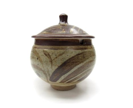 BERNARD LEACH (1887-1979) (ARR) A St Ives pottery lidded preserve pot, tenmoku painted detail over blue.  Impresses pottery s