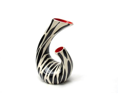 A Beswick zebra striped ceramic vase with red glazed interior, designed by Albert Hallam. 20.5cm high 