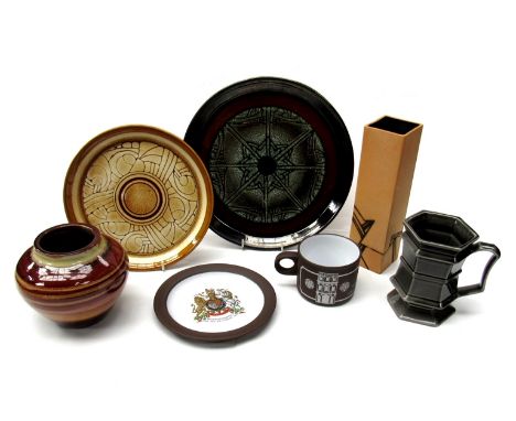 A box of assorted ceramics including a Studio pottery vase by Carol Daw, two Celtic pottery plates Hornsea, Holkham and a gla