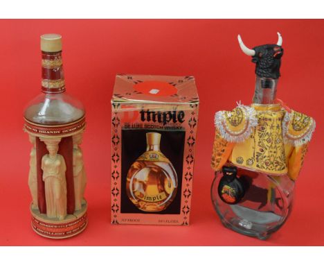 Bottle of Dimple Scotch Whisky - together with two empty novelty alcohol bottles