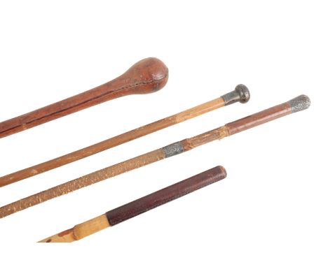 A SILVER TOP RIDING WHIPwith leather grip, silver collar, and plated leather shaft; together with a silver top swagger stick;