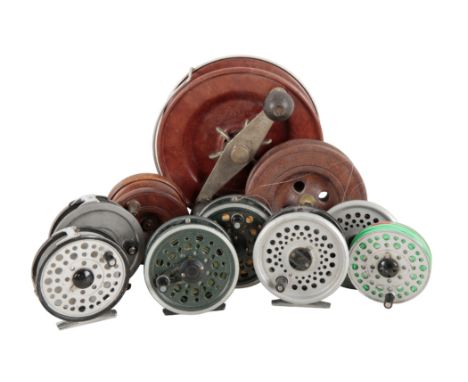 A HARDY "UNIQUA" 3 3/4 FLY REELalong with 8 other various fishing reels, and a spare spool (9)