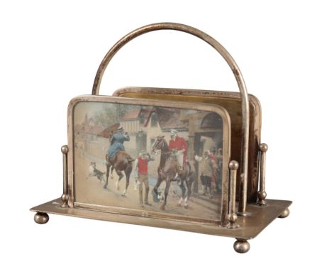 AN EDWARDIAN SILVER-PLATED LETTER RACKdecorated with Edwardian hunting and coaching scenes, 14cm x 14cmProvenance: From The E