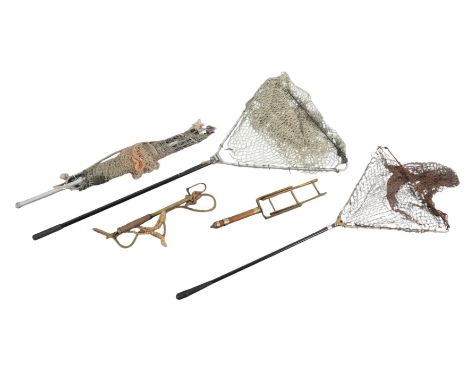 A HARDY BROTHER LTD FOLDING LANDING NETalong with a two draw gaff; an Army and Navy stores of London brass line winder; and t