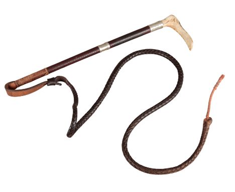 AN ANTLER HANDLE GENTLEMAN'S HUNTING CROPwith double silver collars, leather plaited shaft and thong, 52cm long